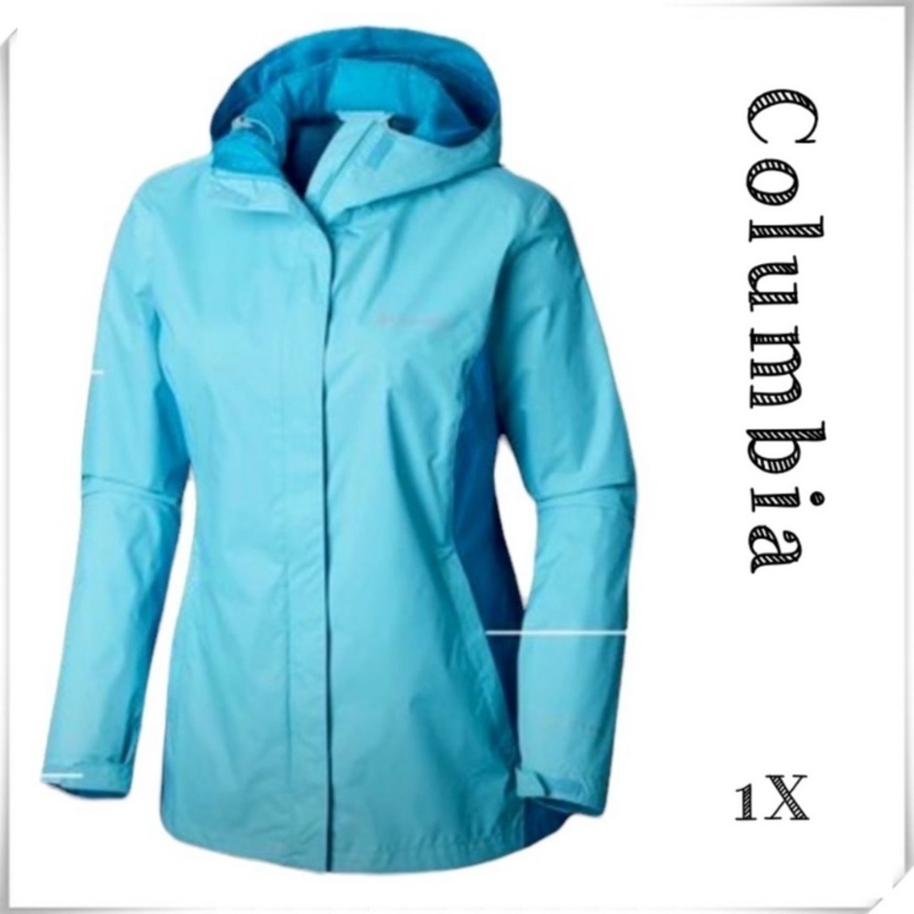 COLUMBIA Omni-Tech Arcadia ll Waterproof Rain Hoodie Jacket Two-tone Aqua Blue